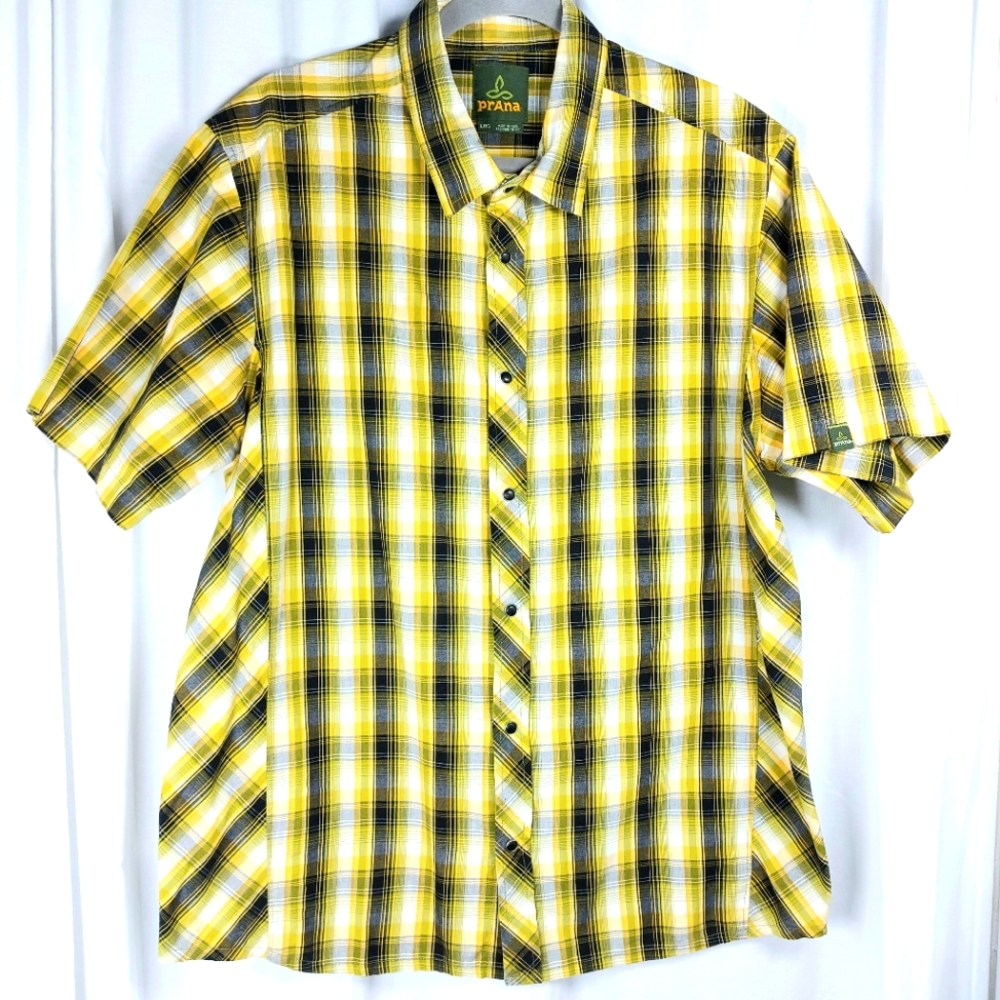 prAna Short Sleeve Shirt Yellow Black Plaid Black Pearl Snap Button Mens Large‎